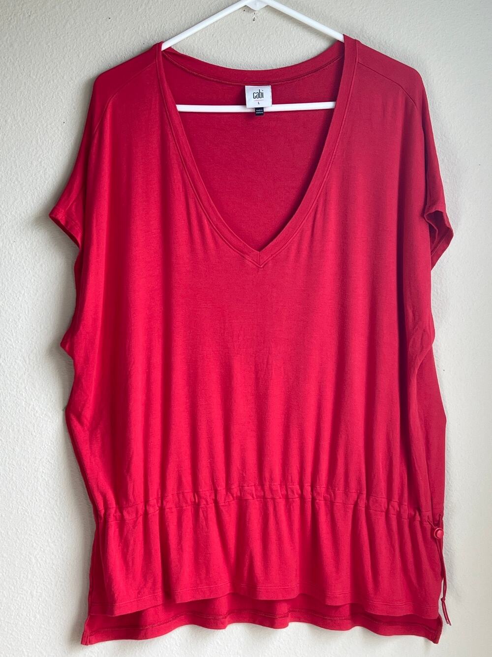 Cabi Women Cherry Red Formal Tee V-Neck Toggle Drawstring Side Waist Top Large